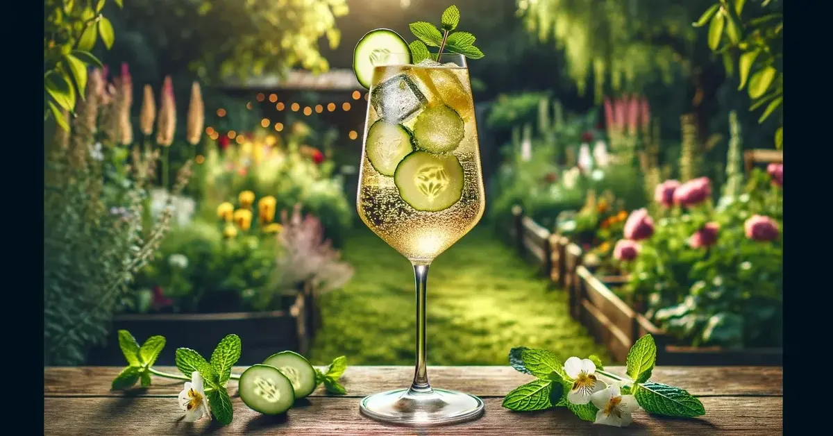 Zdjęcie prezentuje drink Gruszkowe Love, wewnątrz drinka są plasterki ogórka, na brzegu - liście mięty, ogród w tle.