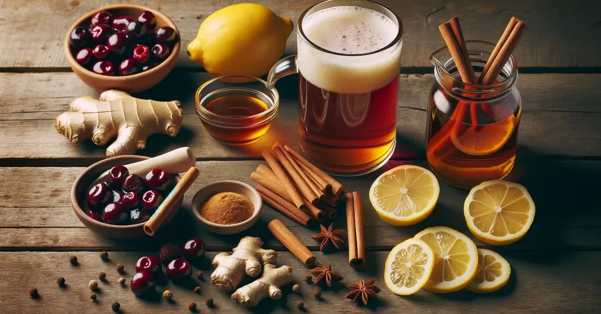 Grzane piwo wraz ze składnikami: cytryna, cynamon, miód, imbir, wiśnie