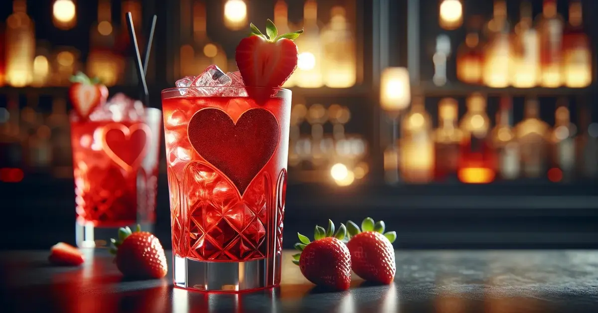Zdjęcie przedstawia drink Heartbreaker, w szklance ozdobionej sercem, z truskawkami.