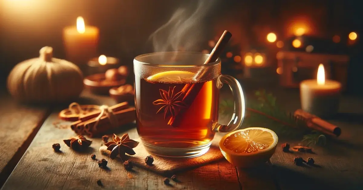 Rozgrzewający, miodowy drink Hot Toddy w szklance z plastrem cytryny i laską cynamonu