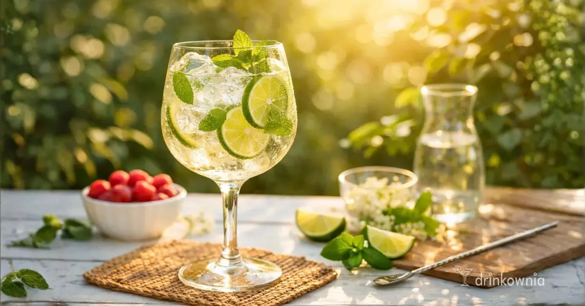 Hugo Spritz z limonką i miętą w kieliszku do wina, podany w letnim ogrodzie w złotym świetle