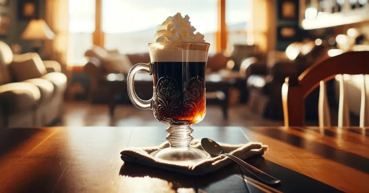 Irish Coffee, ozdobiona bitą śmietaną, w wysokiej szklance z uchwytem, na stole kuchennym, z salonem w tle.