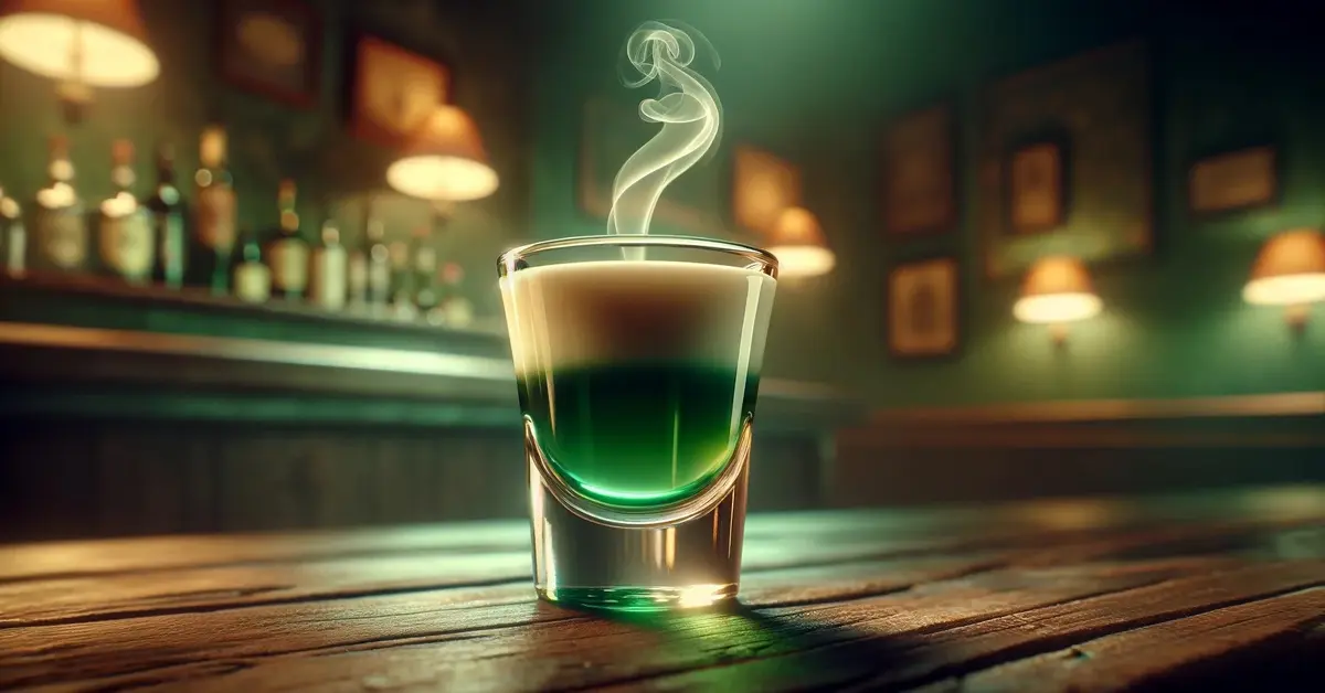 Na zdjęciu shot Irish Frog - Irlandzka Żaba, warstwowy, dolna warstwa to zielony Midori, górna - kremowy likier Baileys.