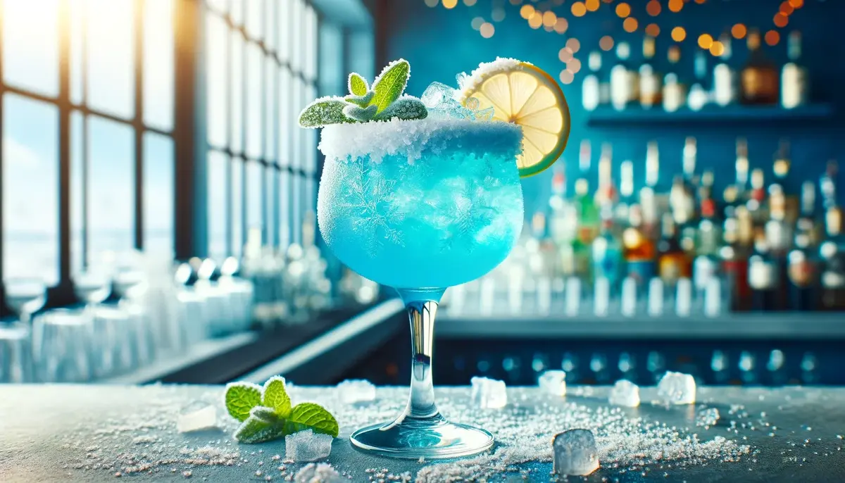 Jack Frost - niebieski drink z brzegiem imitującym śnieg, ozdobiony miętą i plasterkiem cytryny na oszronionym blacie.