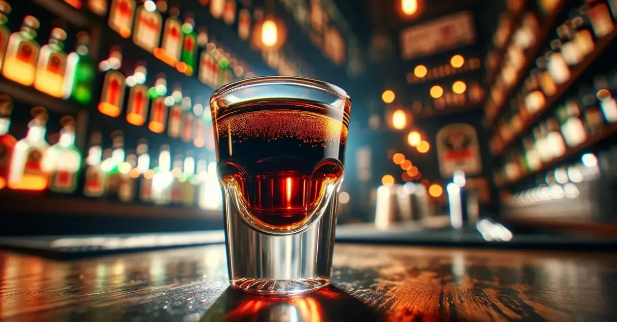  Obraz klasycznego shota Jägerbomb, umieszczonego na barze. Centralne miejsce zajmuje kieliszek z Jägermeisterem