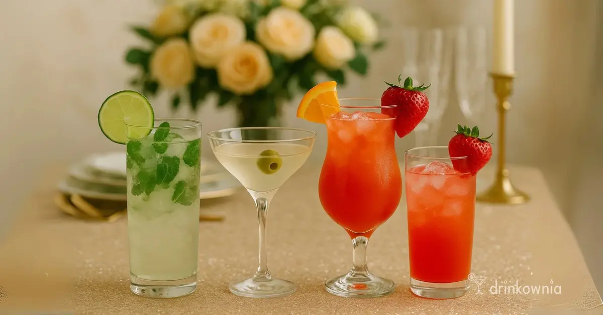 Eleganckie drinki weselne na złotym stole z kwiatami w tle – idealna inspiracja do stworzenia karty drinków na wesele.