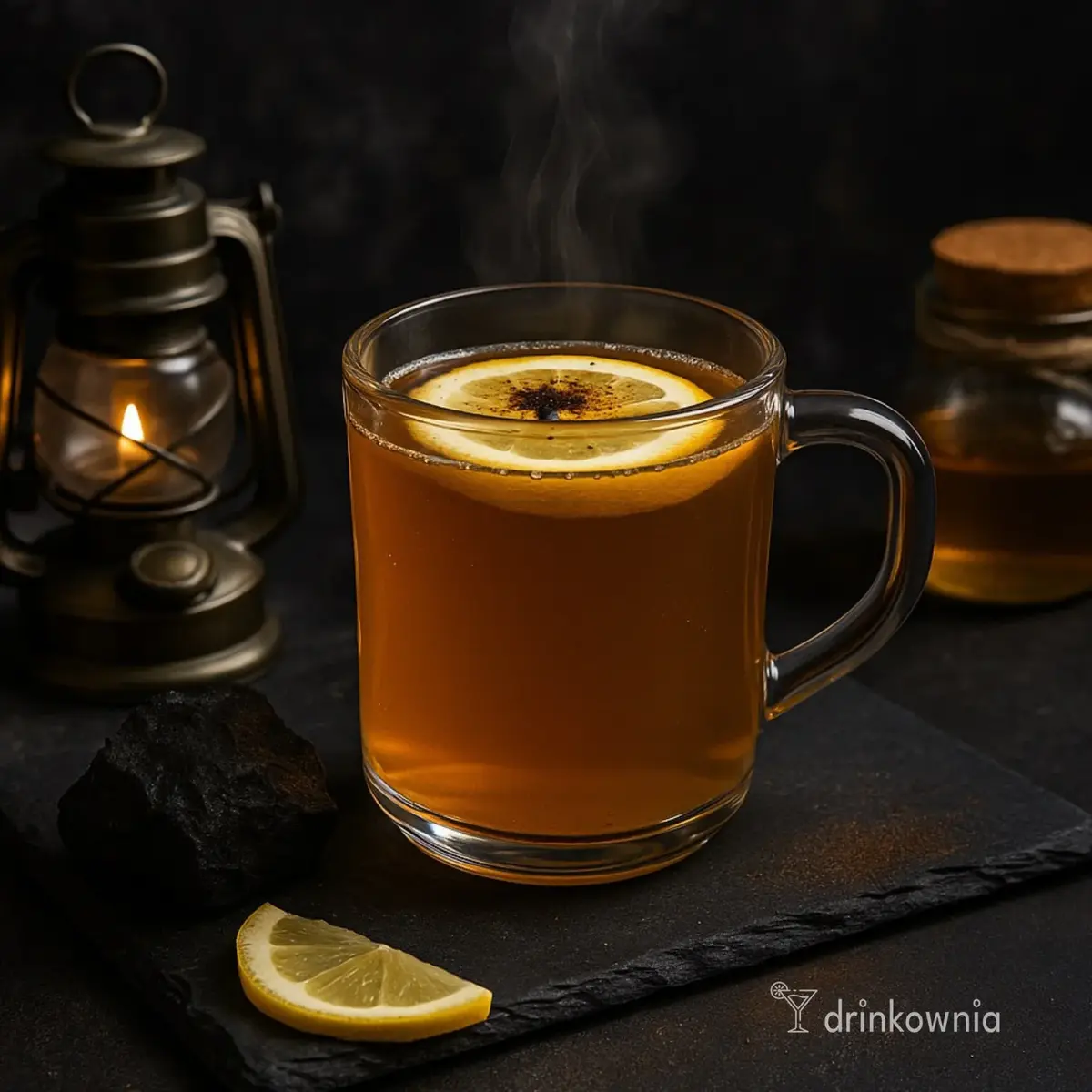 Gorący napój z cytryną w szklanym kubku, podany przy lampce i miodzie w zimowym, górniczym klimacie.