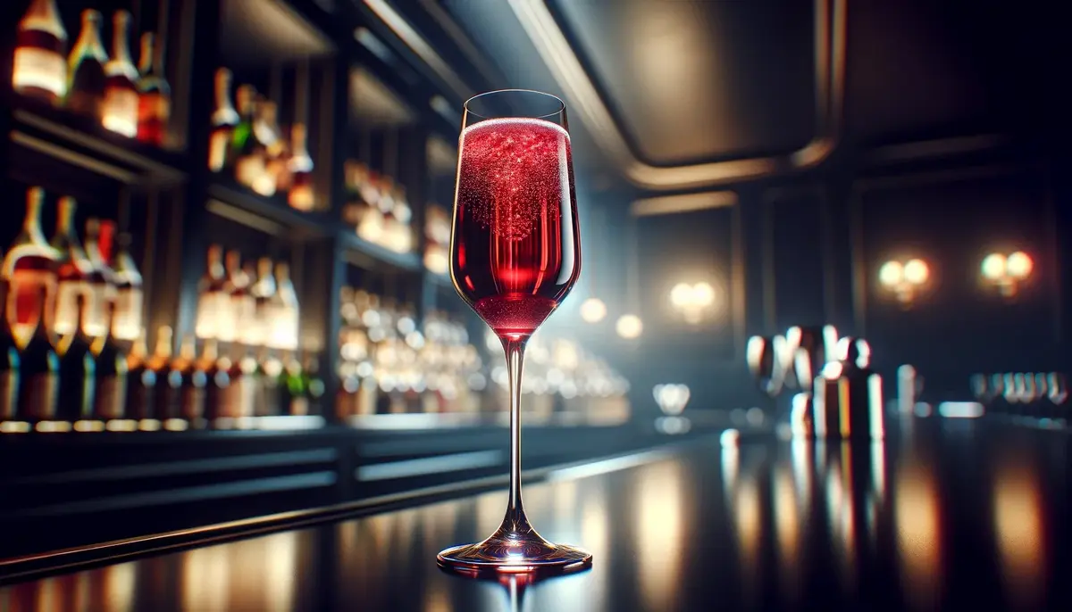 Czerwony drink Kir Royal w kieliszku typu flute stojący na barze. 