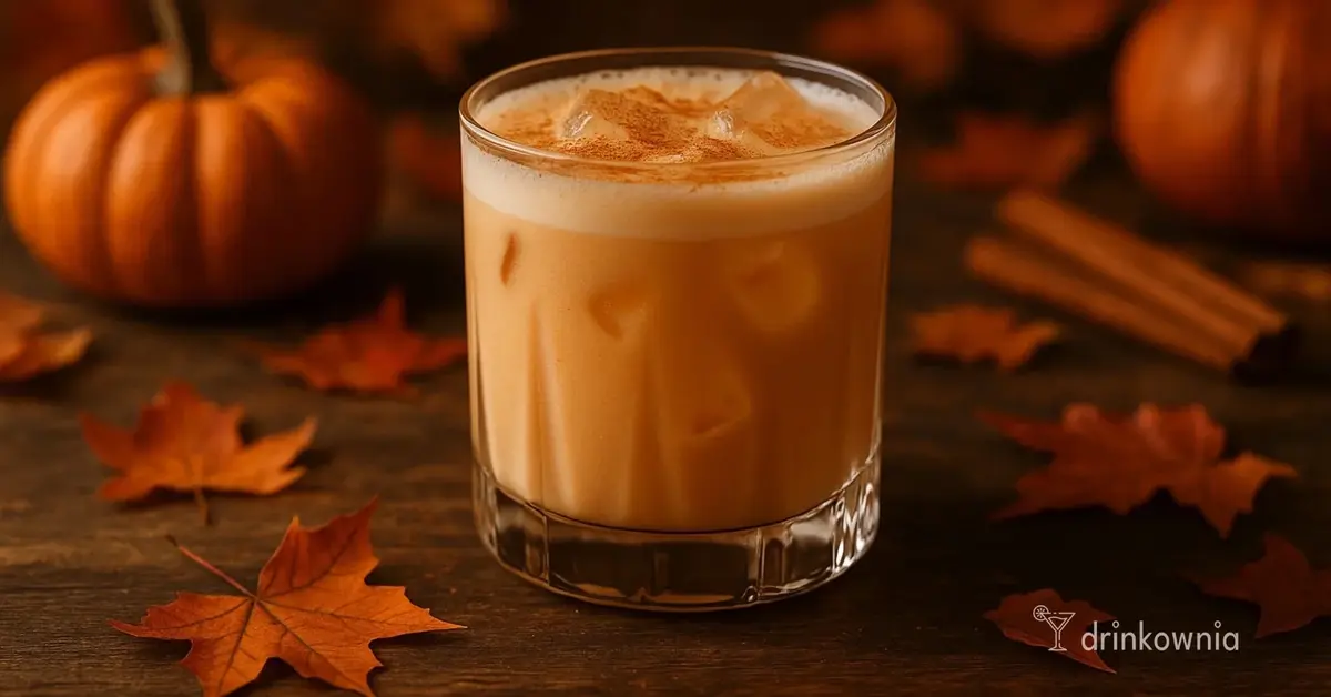 Kremowa Złota Dynia - aksamitny mocktail w jesiennej scenerii z dyniami, cynamonem i liśćmi na drewnianym tle.