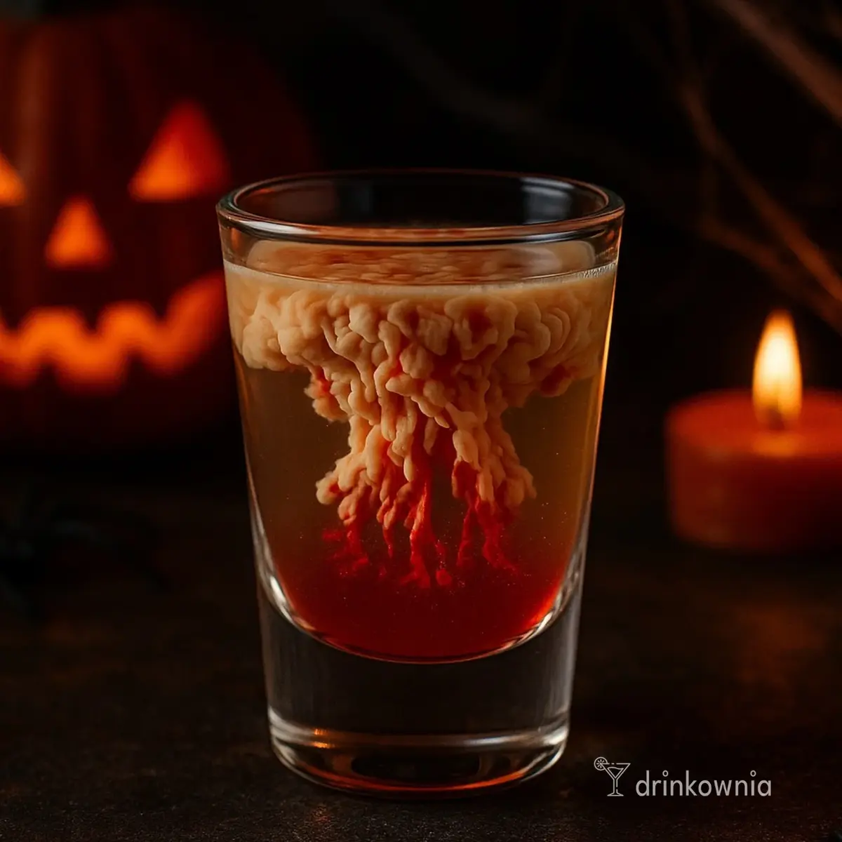 Shot Krwawy Mózg z efektem mózgowatej struktury i czerwonym likierem, w tle dynia, świeca i pajęczyny, klimat Halloween.