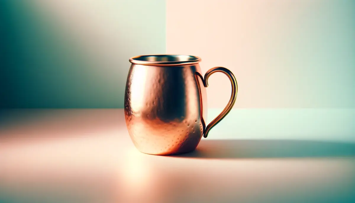 Zdjęcie przedstawia kubek Copper Moscow Mule, charakteryzujący się lśniącą, miedzianą powierzchnią i uchwytem.