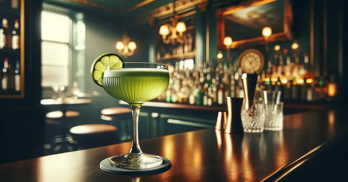 Zdjęcie przedstawia klasyczny drink Last Word o jasnozielonej barwie, ozdobiony limonką, w scenerii klasycznego baru.