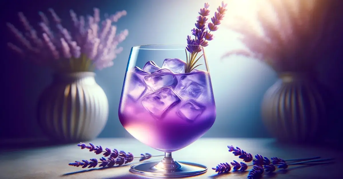 Zdjęcie przedstawia drink Lawendowy sen o fioletowym zabarwieniu, w kieliszku z lodem i z dekoracją z lawendy.