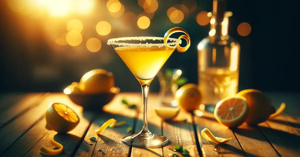 Zdjęcie przedstawia drink Lemon Drop, ozdobiony skórką cytryny, w blasku zachodzącego słońca, dookoła leżą cytryny.
