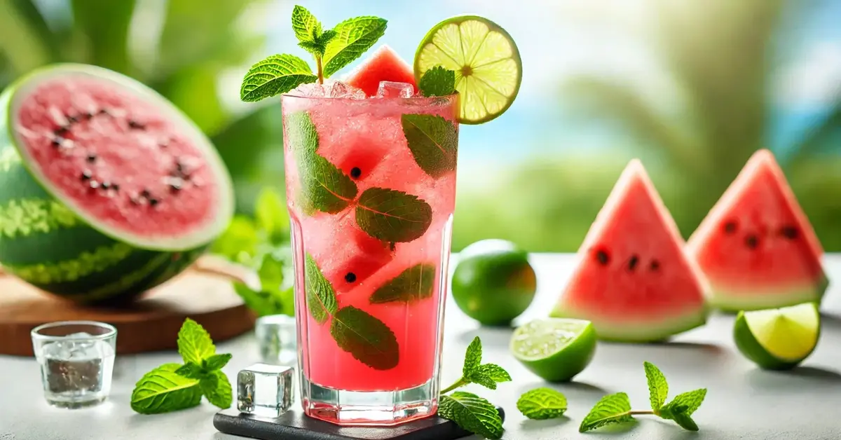 Orzeźwiający letni drink Mojito z arbuzem, serwowany w wysokiej szklance, udekorowany miętą, limonką i kruszonym lodem.