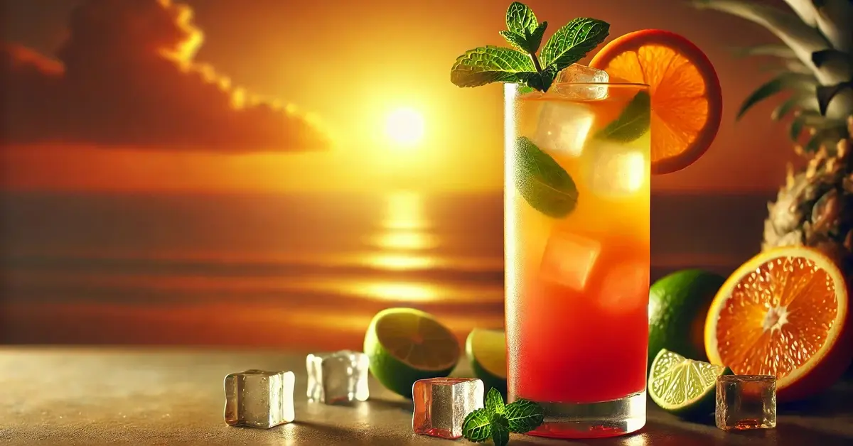 Warstwowy drink Letni Zachód Słońca z lodem, plasterkami pomarańczy i limonki, ozdobiony miętą, na tle zachodu słońca