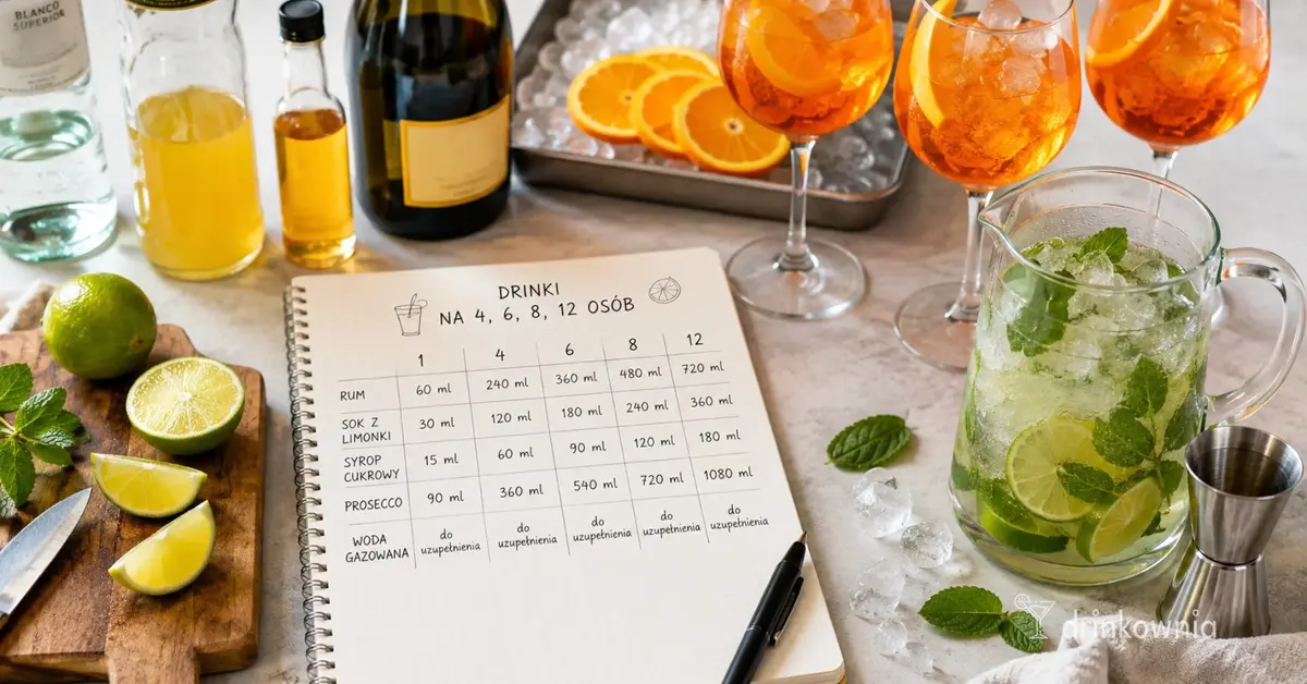 Notatnik z przelicznikiem drinków na 4, 6, 8 i 12 osób obok dzbanka mojito i kieliszków ze spritzem.
