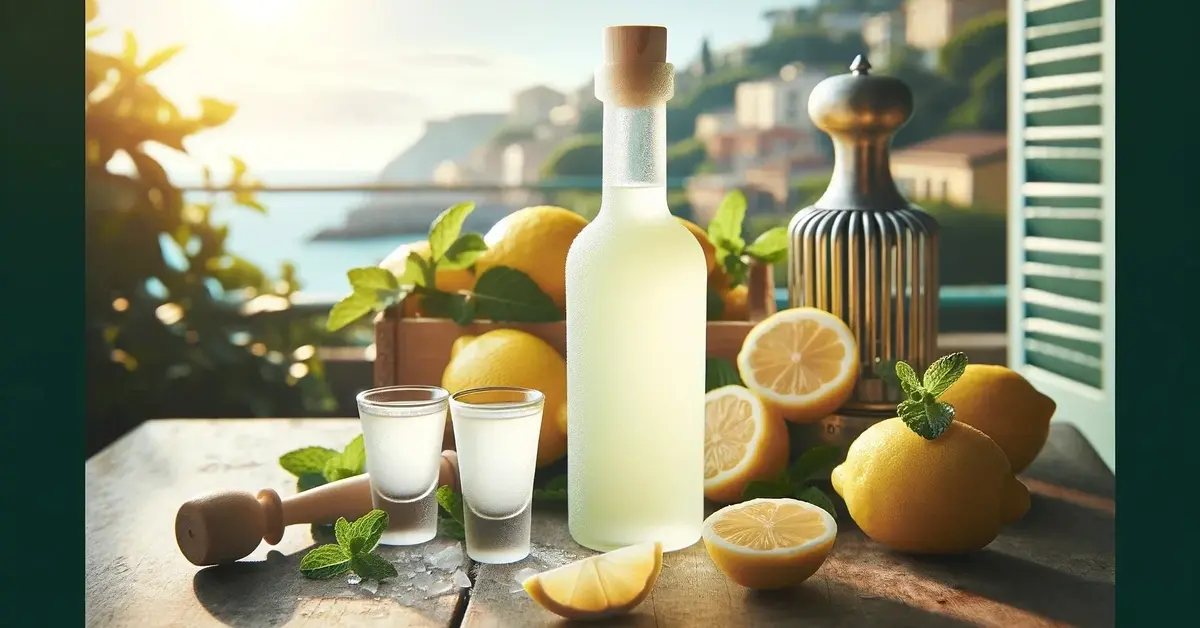 Likier cytrynowy Limoncello w butelce, z kieliszkami obok, schłodzony