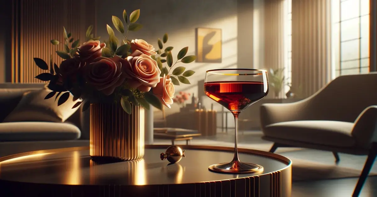 Zdjęcie przedstawia elegancki drink Love and Murder z Campari i Chartreuse, w ozdobnym kieliszku typu coupe.