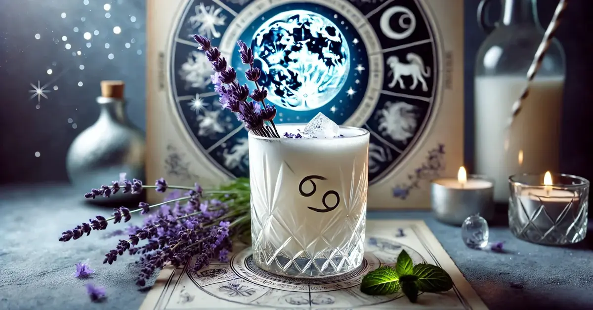 Drink Lunarny Spokój dla zodiakalnego Raka, biały rum, lawenda, mięta, w tle symbole astrologiczne