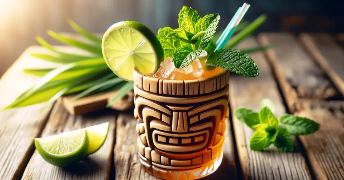 Drink Mai Tai w ozdobnej szklance w stylu Tiki, ozdobiony miętą i limonką