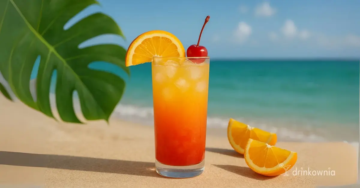 Kolorowy drink Malibu Sunrise z Malibu, sokiem pomarańczowym i grenadyną na tle tropikalnej plaży z palmą