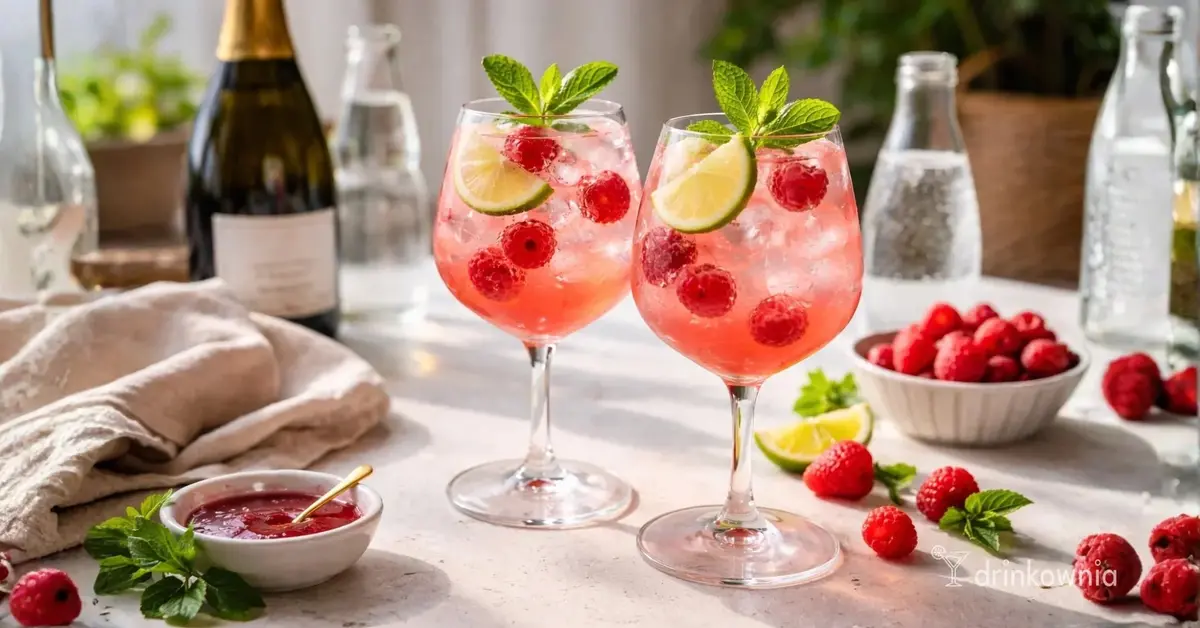 Dwa malinowe Spritze w kieliszkach do wina z lodem, malinami i miętą na jasnym stole w słonecznym świetle.