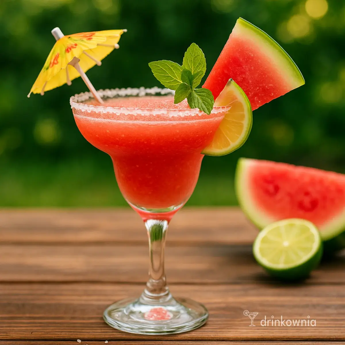 Arbuzowa Margarita w kieliszku z solą, limonką i miętą na drewnianym stole w ogrodzie – letni drink z arbuzem.