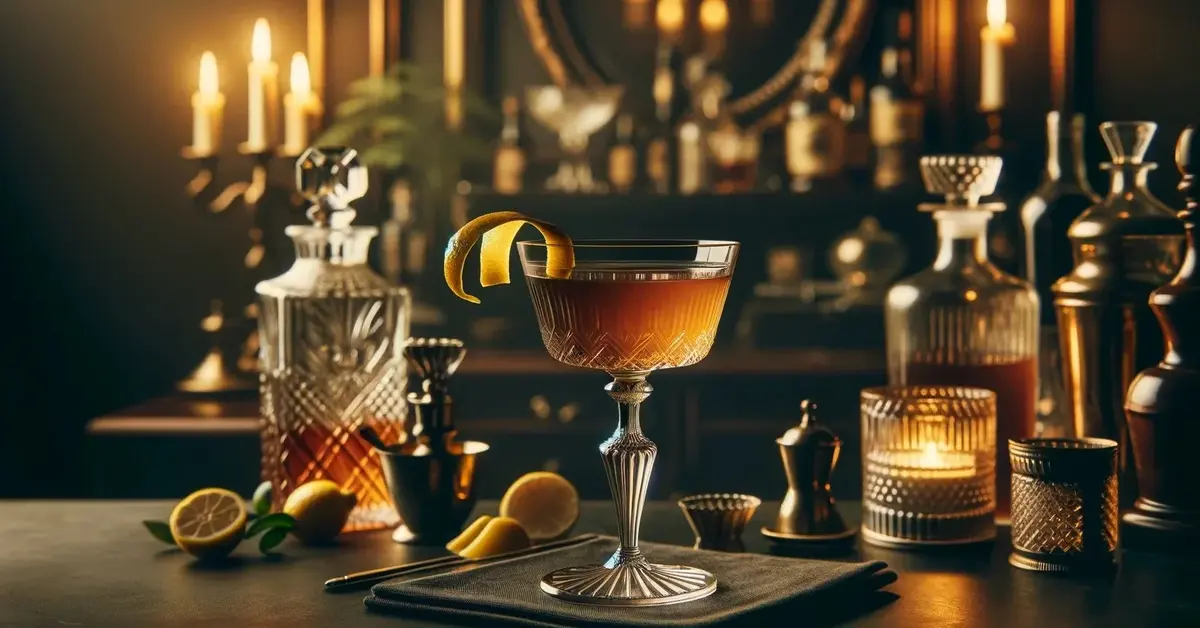 Zdjęcie przedstawia drink Martinez w kryształowym kieliszku, ozdobiony skórką cytryny, w scenerii vintage.
