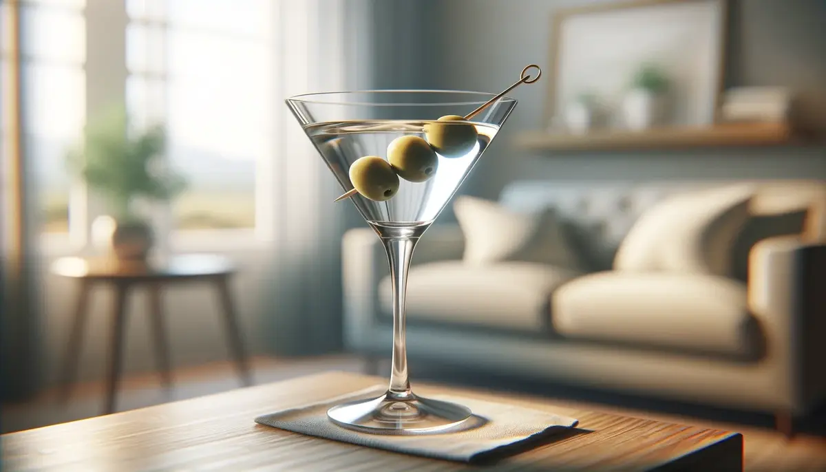 Martini à la Bond z trzema oliwkami w kieliszku, serwowane w domowym zaciszu.