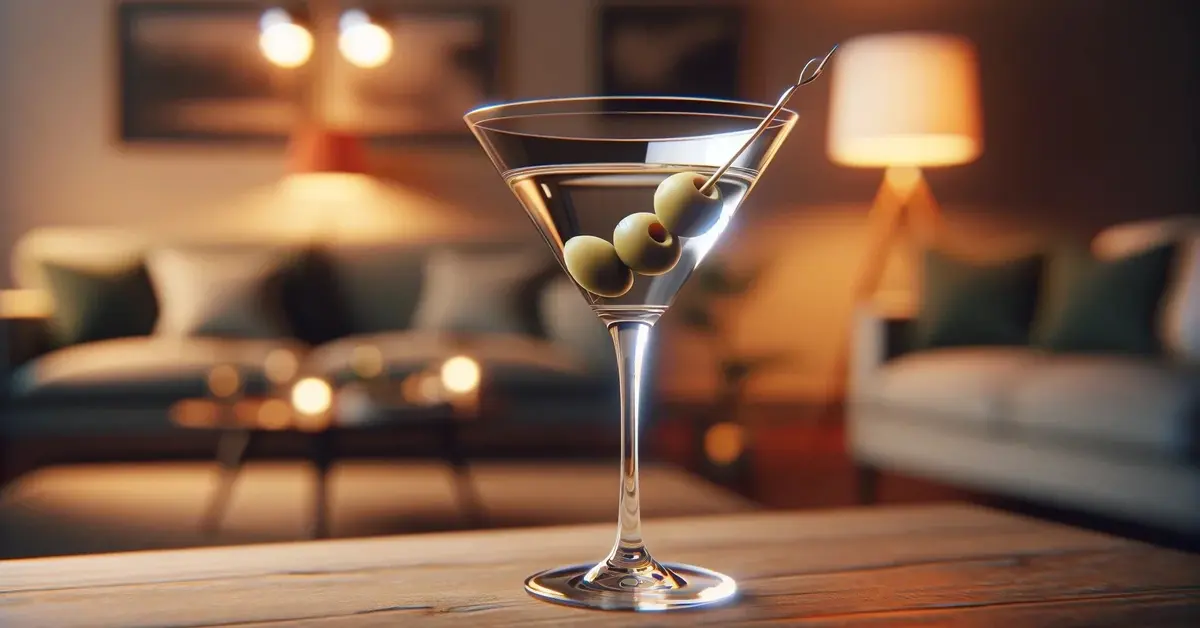Klarowne martini w kieliszku z oliwkami, inspirowane stylem Jamesa Bonda, w domowym otoczeniu.