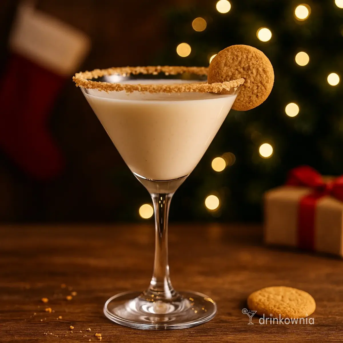 Kremowe Martini Mleczko & Ciasteczko w kieliszku z rantem z herbatników, w świątecznej, ciepłej scenerii.