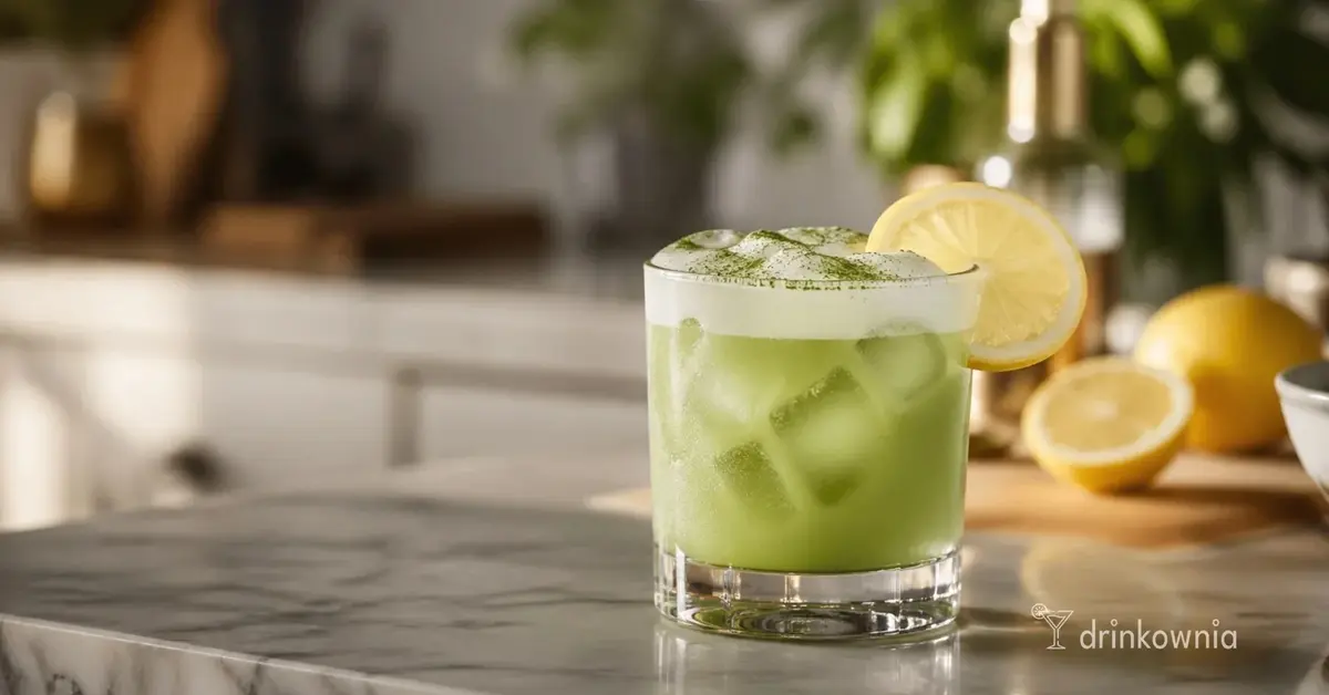 Matcha Sour 0% w niskiej szklance z lodem, delikatną pianką i plasterkiem cytryny, podany na jasnym blacie w kuchni.