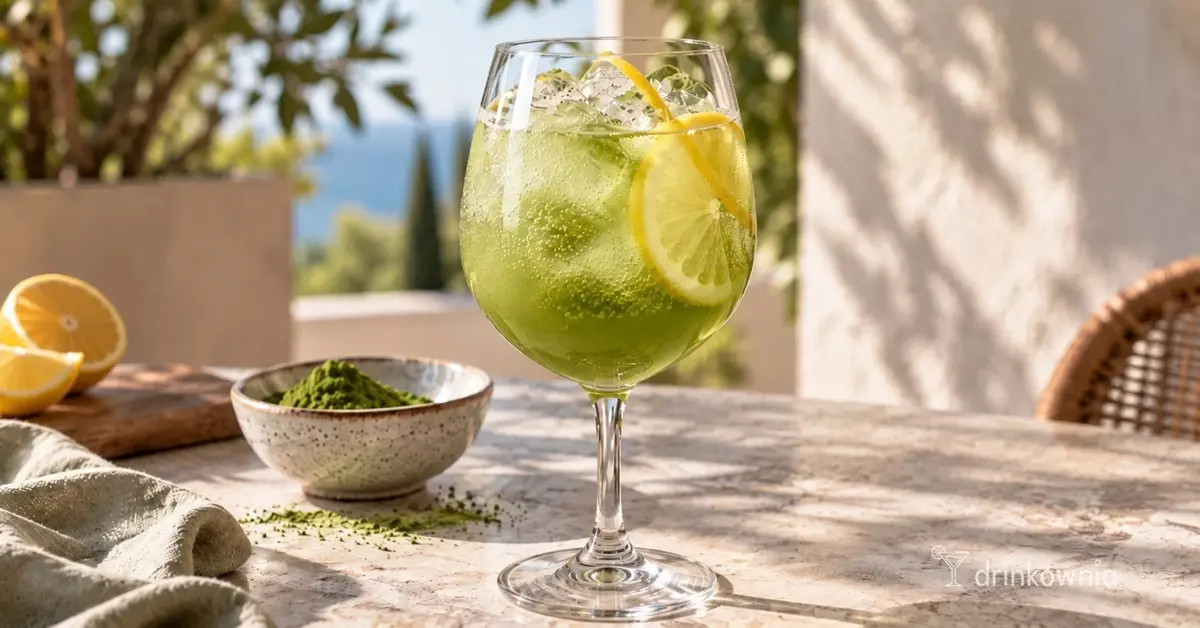 Matcha Spritz z prosecco, lodem i cytryną na jasnym stole z porcją zielonej matchy