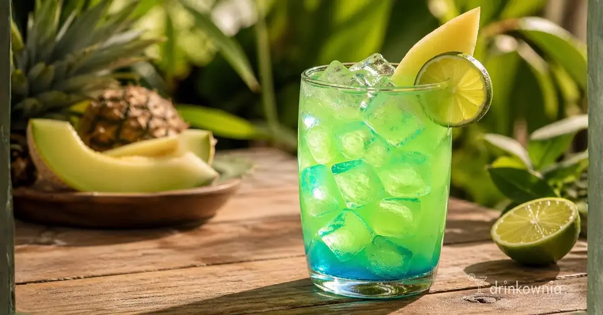 Melonowa Laguna, słodki drink z likierem melonowym, rumem i blue curaçao na lato. Efekt gradientu.