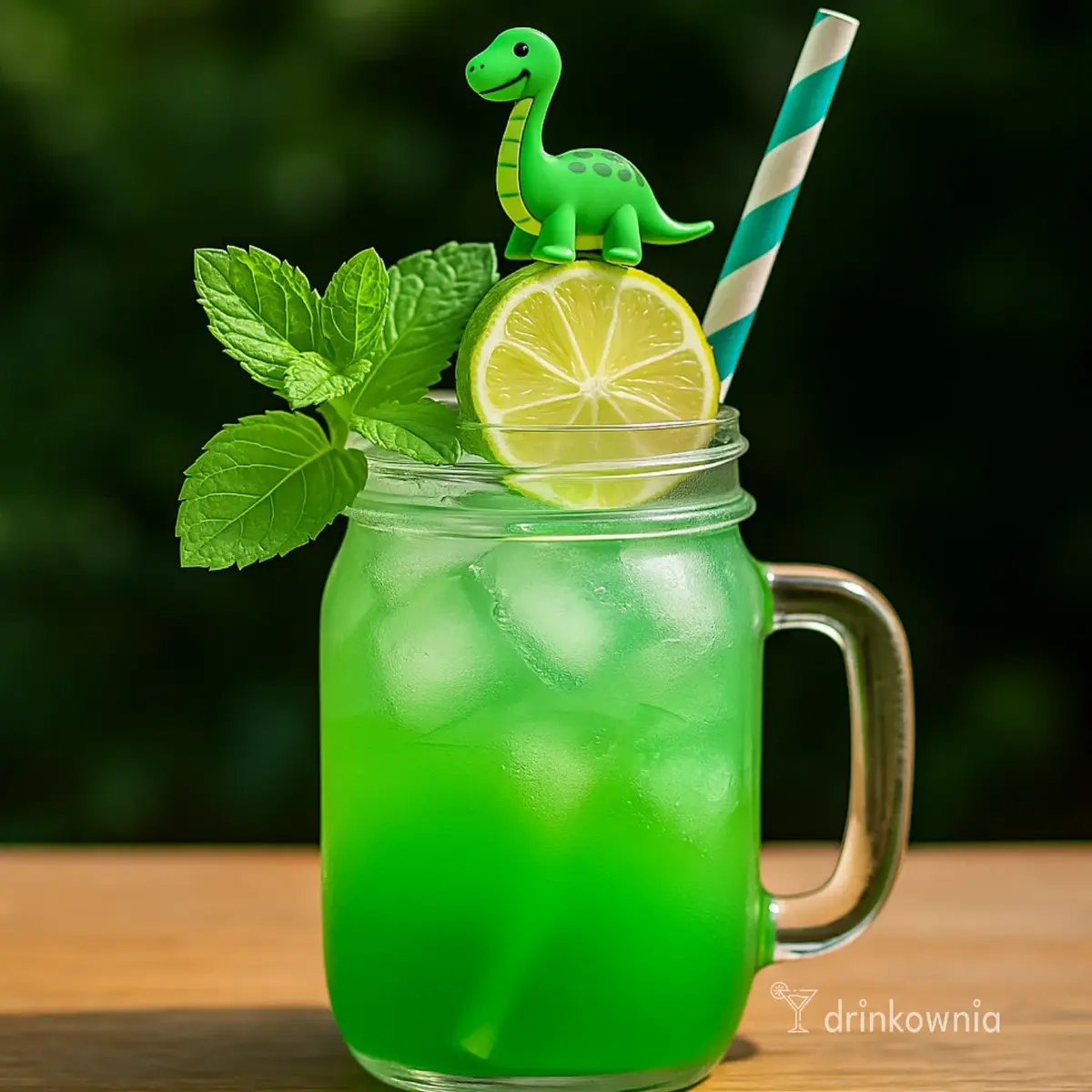 Zielony drink bezalkoholowy z limonką, miętą i zabawnym dinozaurem, idealny na Dzień Dziecka.