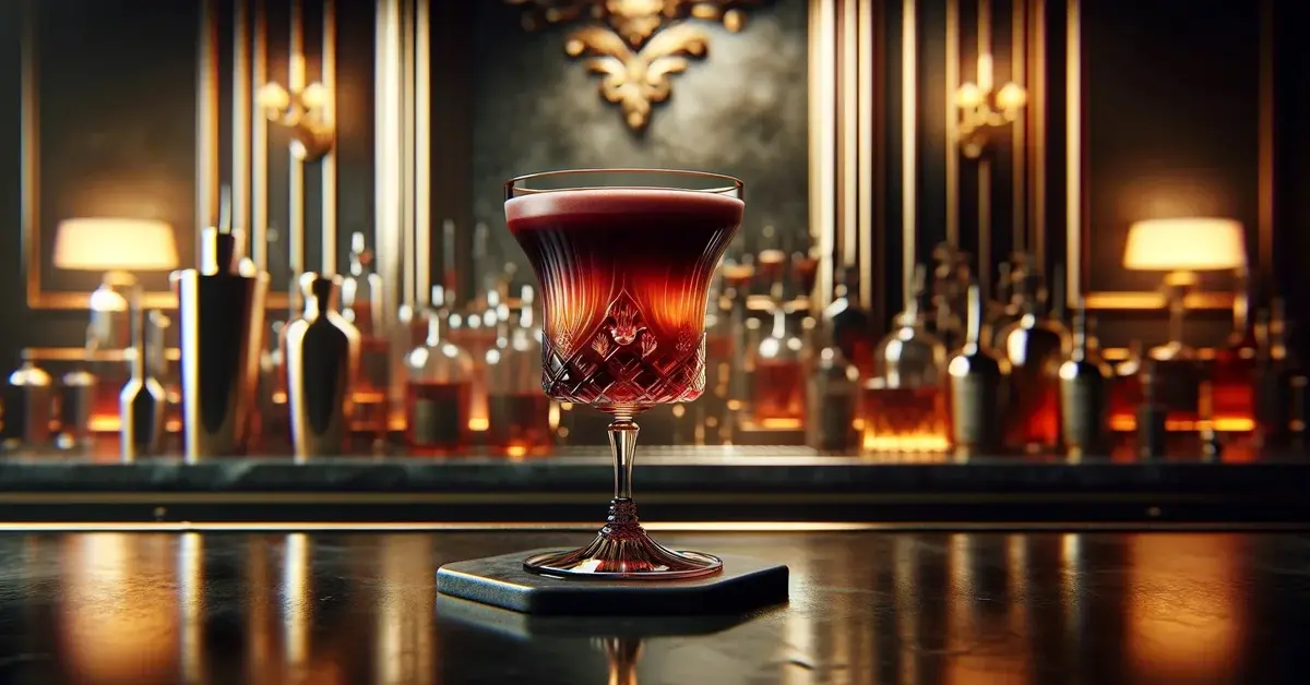 Rubinowy drink Millionaire w ozdobnym kieliszku, na barze z ozdobnym i luksusowym kontuarem w tle.