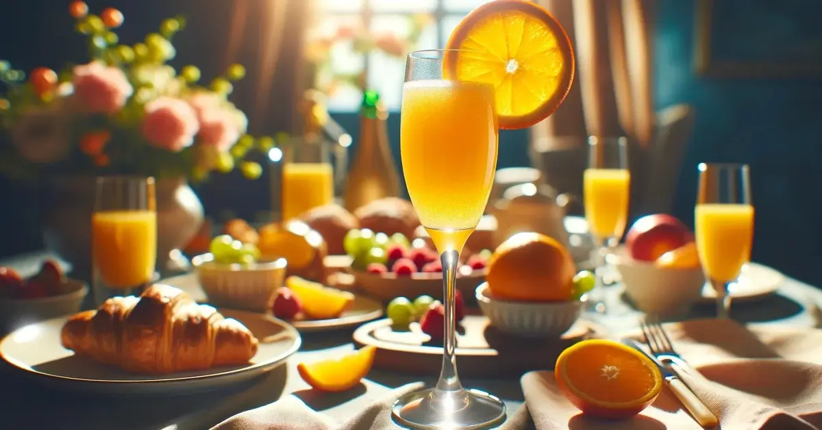Drink Mimosa w towarzystwie śniadania, w słonecznej scenerii.