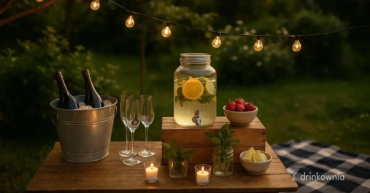 Mini bar ogrodowy na lato – stół z prosecco, owocami, lemoniadą i lampkami solarnymi w zielonym ogrodzie