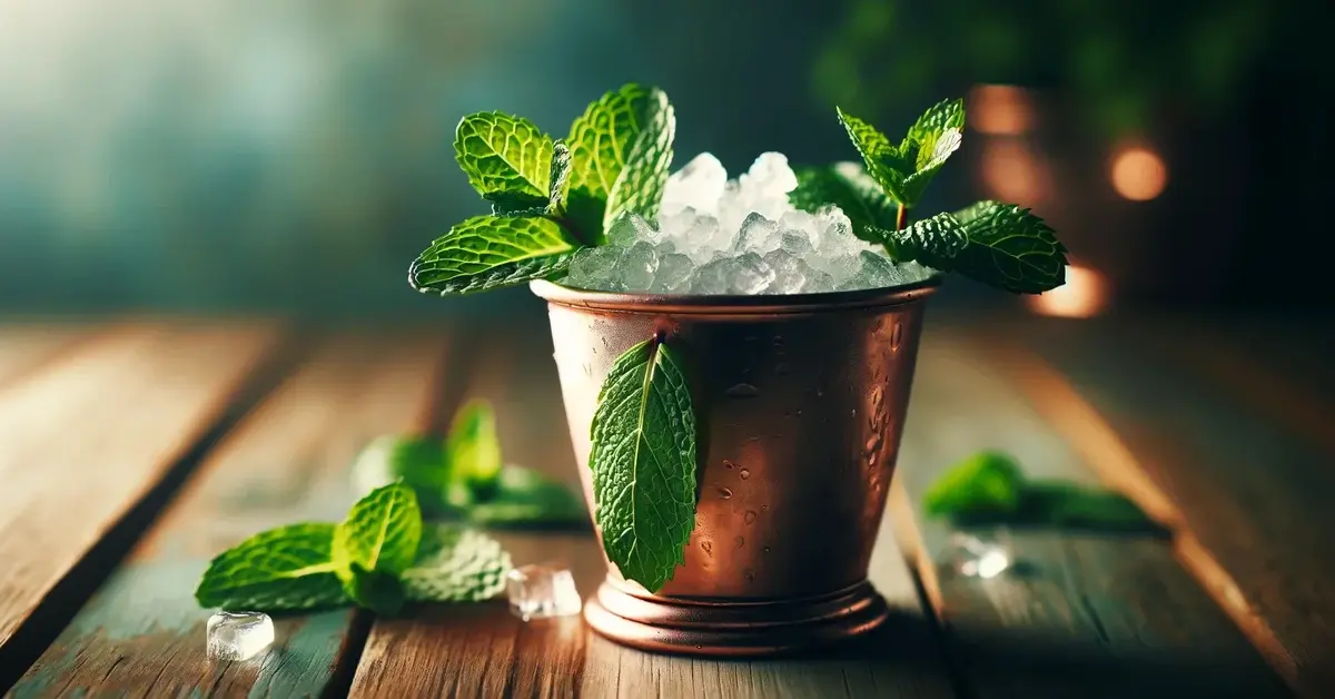 Zdjęcie drinka Mint Julep, w miedzianym kubku, dekorowany kruszonym lodem i liśćmi świeżej mięty.