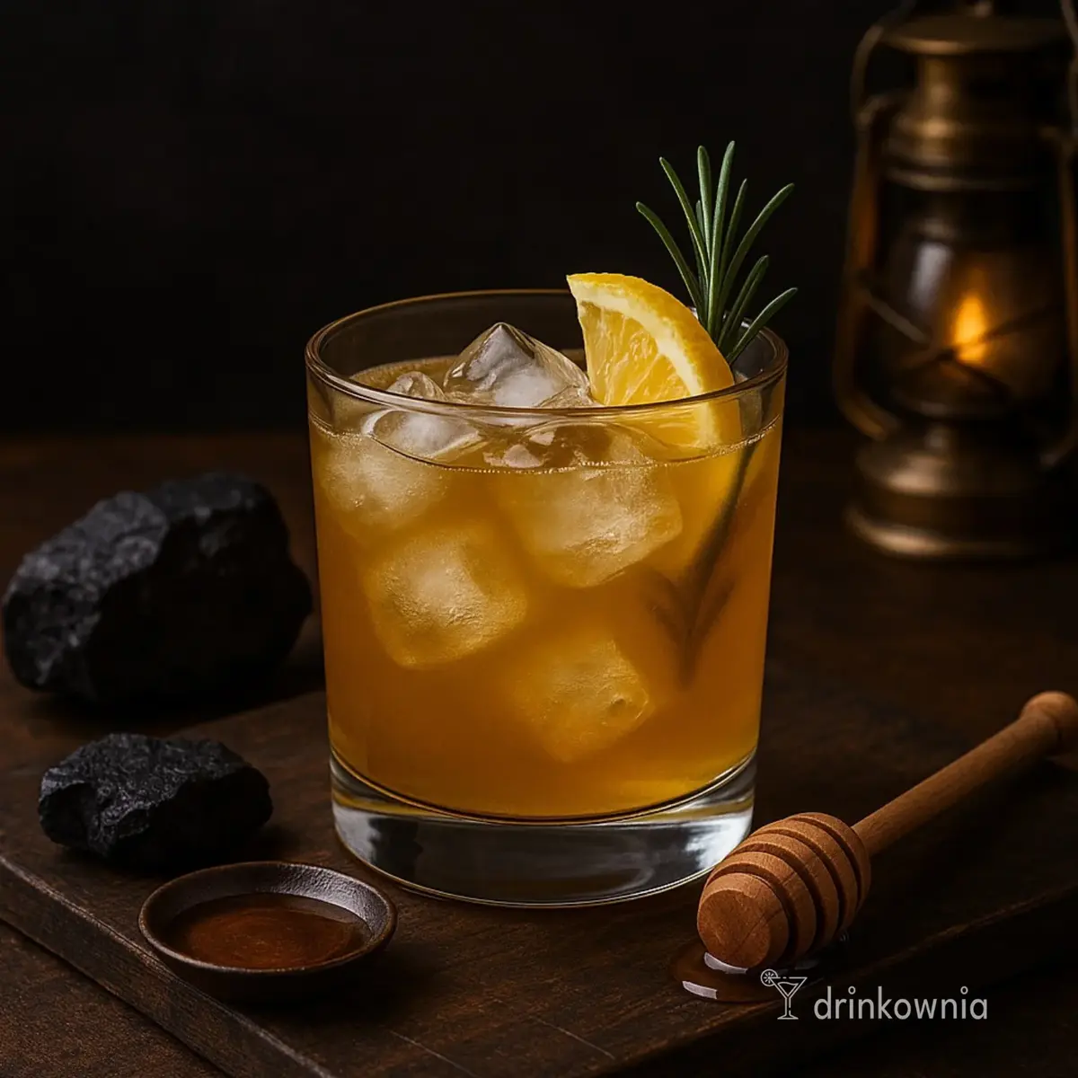 Złoty koktajl z lodem, cytryną i rozmarynem podany na drewnie, w ciepłym barbórkowym świetle.