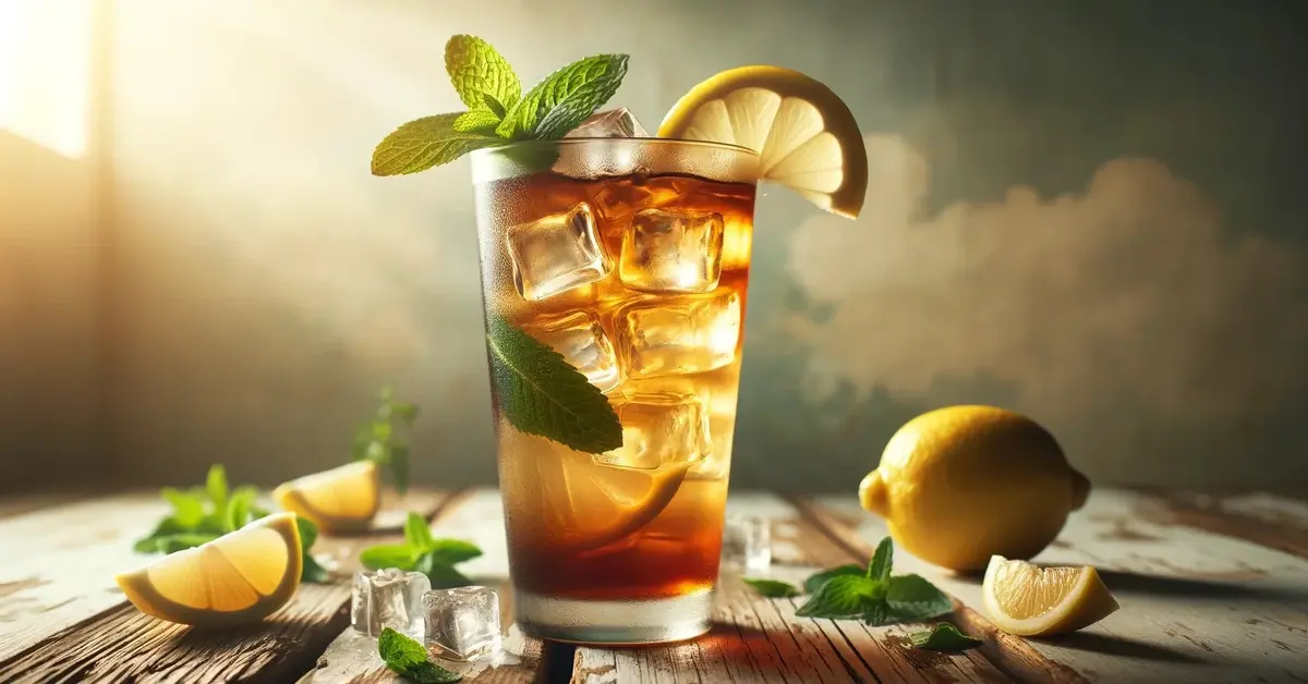 Mocktail Arnold Palmer na drewnianym stole, z cytryną, miętą, w szklance z lodem, idealny orzeźwienie na lato.