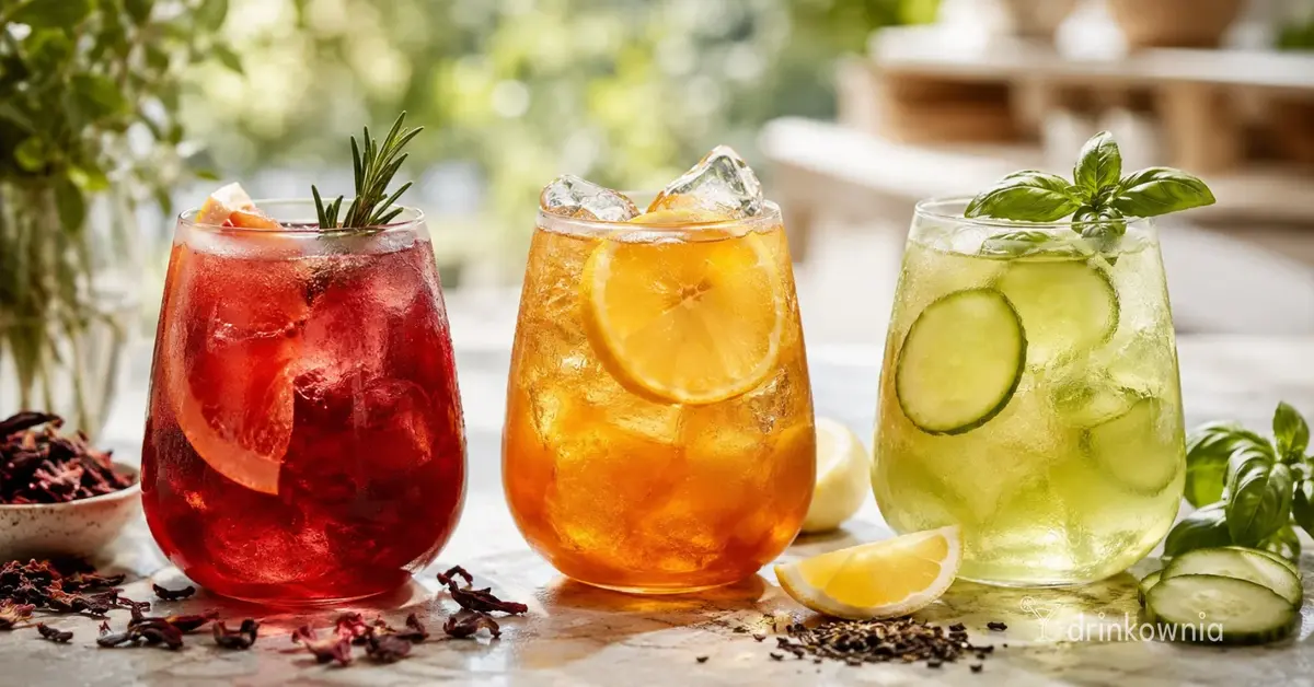 Trzy mocktaile 0% z hibiskusem, Earl Grey i zieloną herbatą, podane z lodem, cytrusami i świeżymi ziołami.