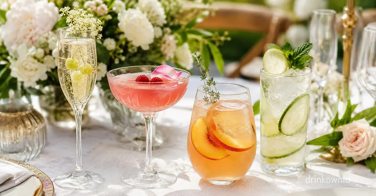 Eleganckie bezalkoholowe drinki weselne w różnych kieliszkach na jasnym stole z kwiatami w tle