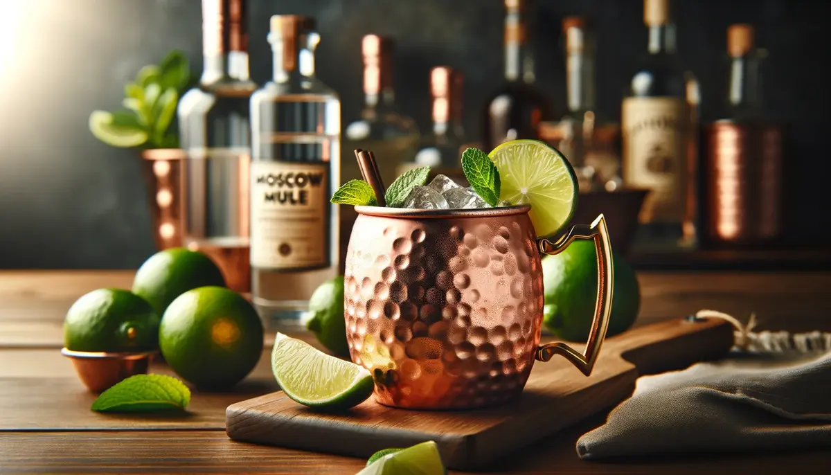 Elegancki Moscow Mule w miedzianym kubku na drewnianym blacie, z limonką.