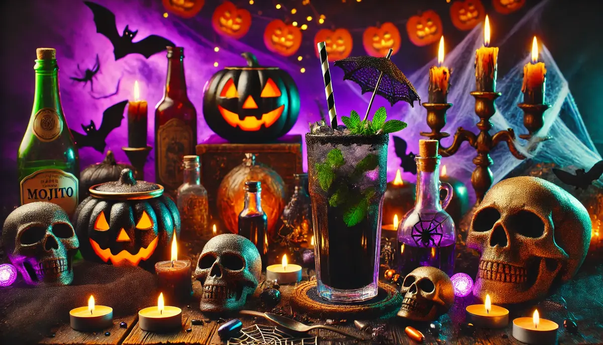 Mroczne Mojito – halloweenowy drink z aktywnym węglem, miętą i limonką, serwowany w wysokiej szklance na lodzie.