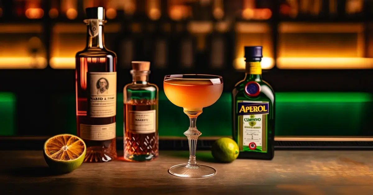 Zdjęcie przedstawia elegancki, bursztynowy drink Naked and Famous, stojący na barze w miękkim półświetle.