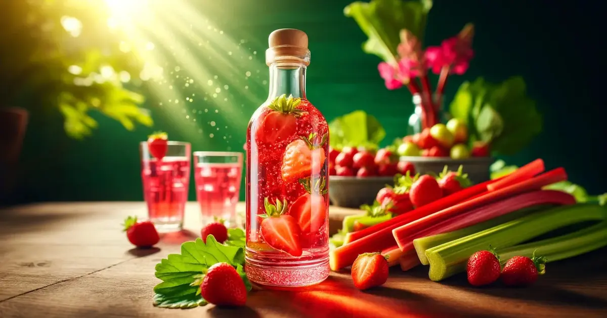 Butelka czerwonej, soczystej nalewki z rabarbaru i truskawek, otoczona świeżymi owocami truskawek i rabarbarem.