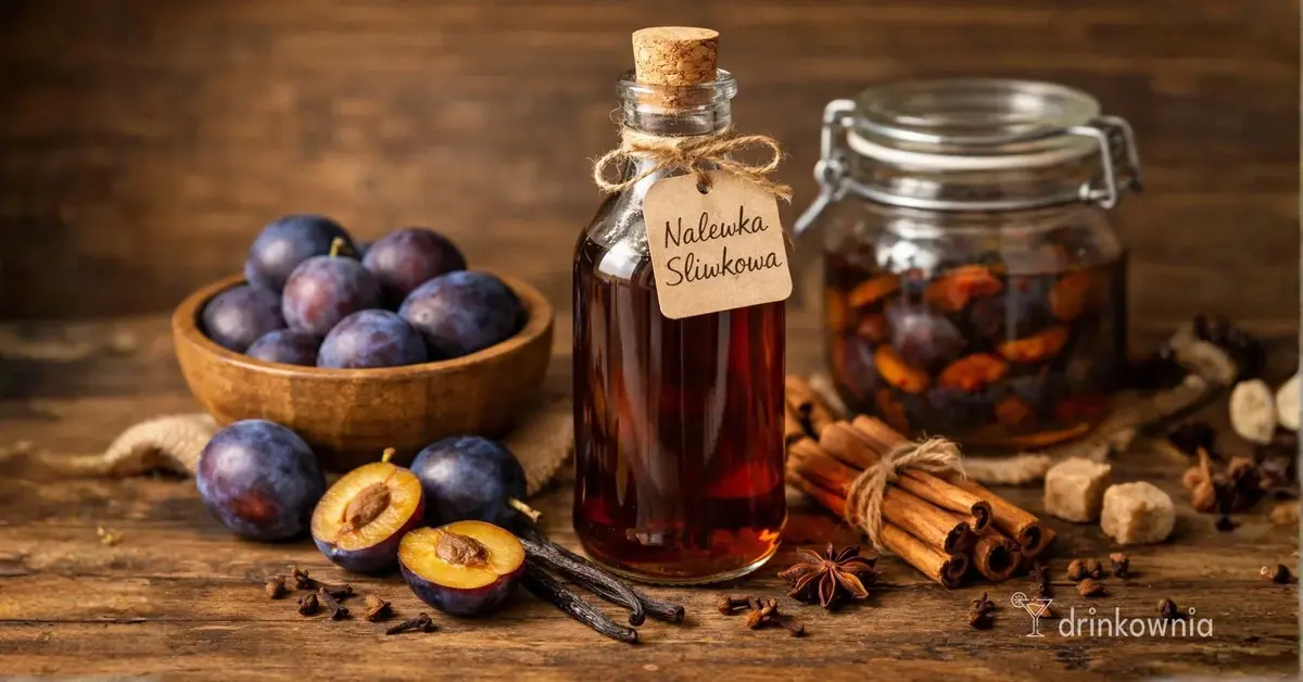 Domowa nalewka śliwkowa w butelce z korkiem, obok śliwki, wanilia, cynamon i słoik z macerującymi owocami