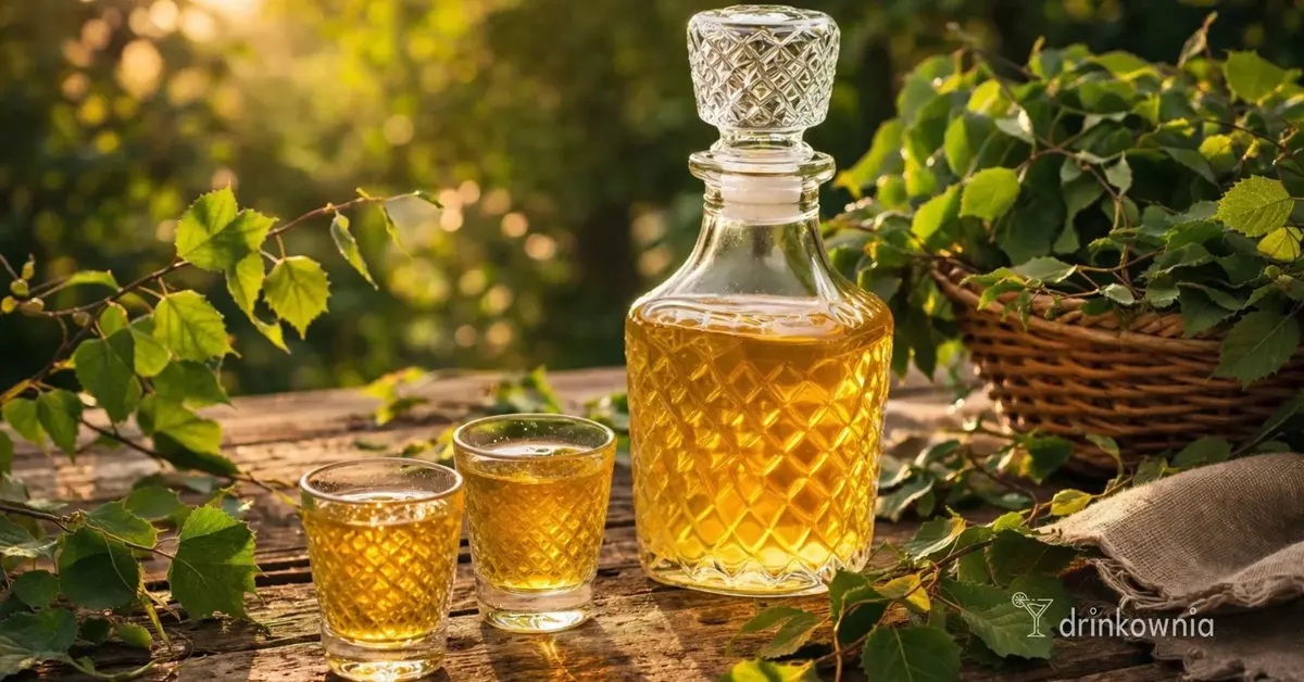 Nalewka z liści brzozy w karafce i kieliszkach na drewnianym stole, wśród świeżych liści, w ciepłym świetle słońca.